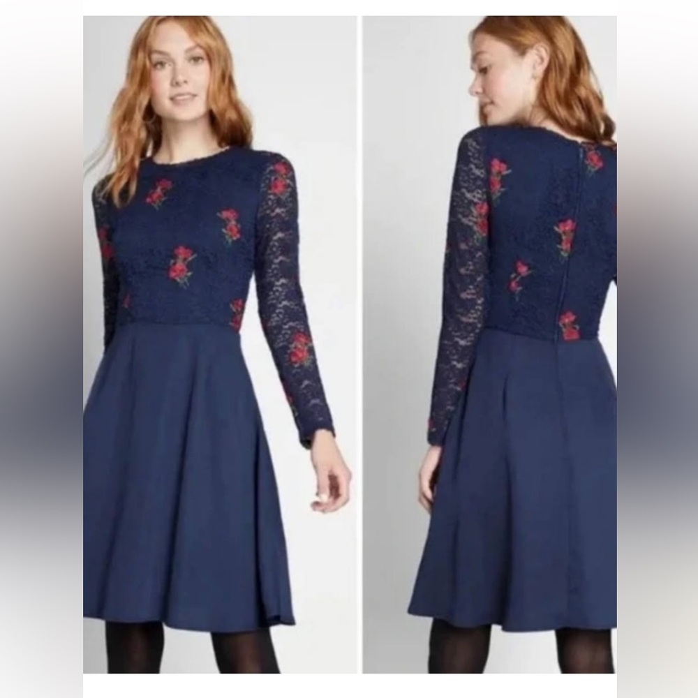 Modcloth Navy Dress with Red Floral Lace Embroidery